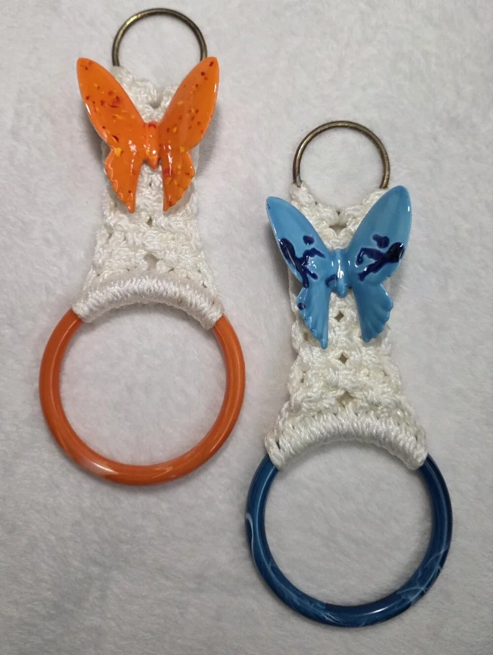 Pair Of Vintage Macrame Kitchen Towel Holders With Butterfly Accents Orange Blue